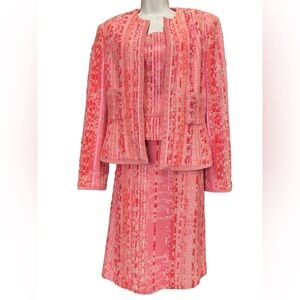 Carlisle Three Piece Skirt Suit Pink Tweed With Suede Detailing Flower Accent 10